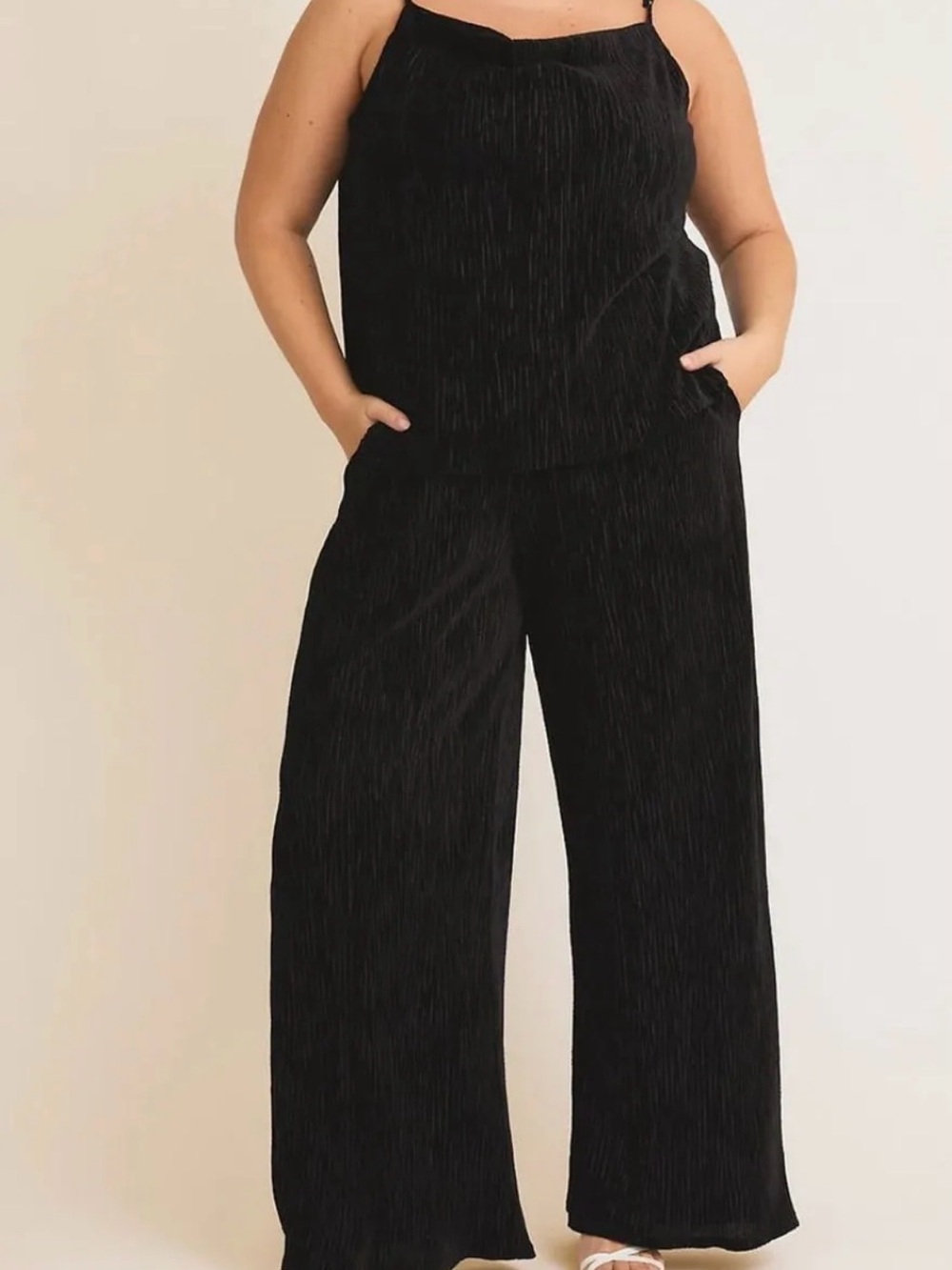 Gilli Black Textured Cowl Neck Cami and Wide-Leg Pants Set- Women's Plus Size
